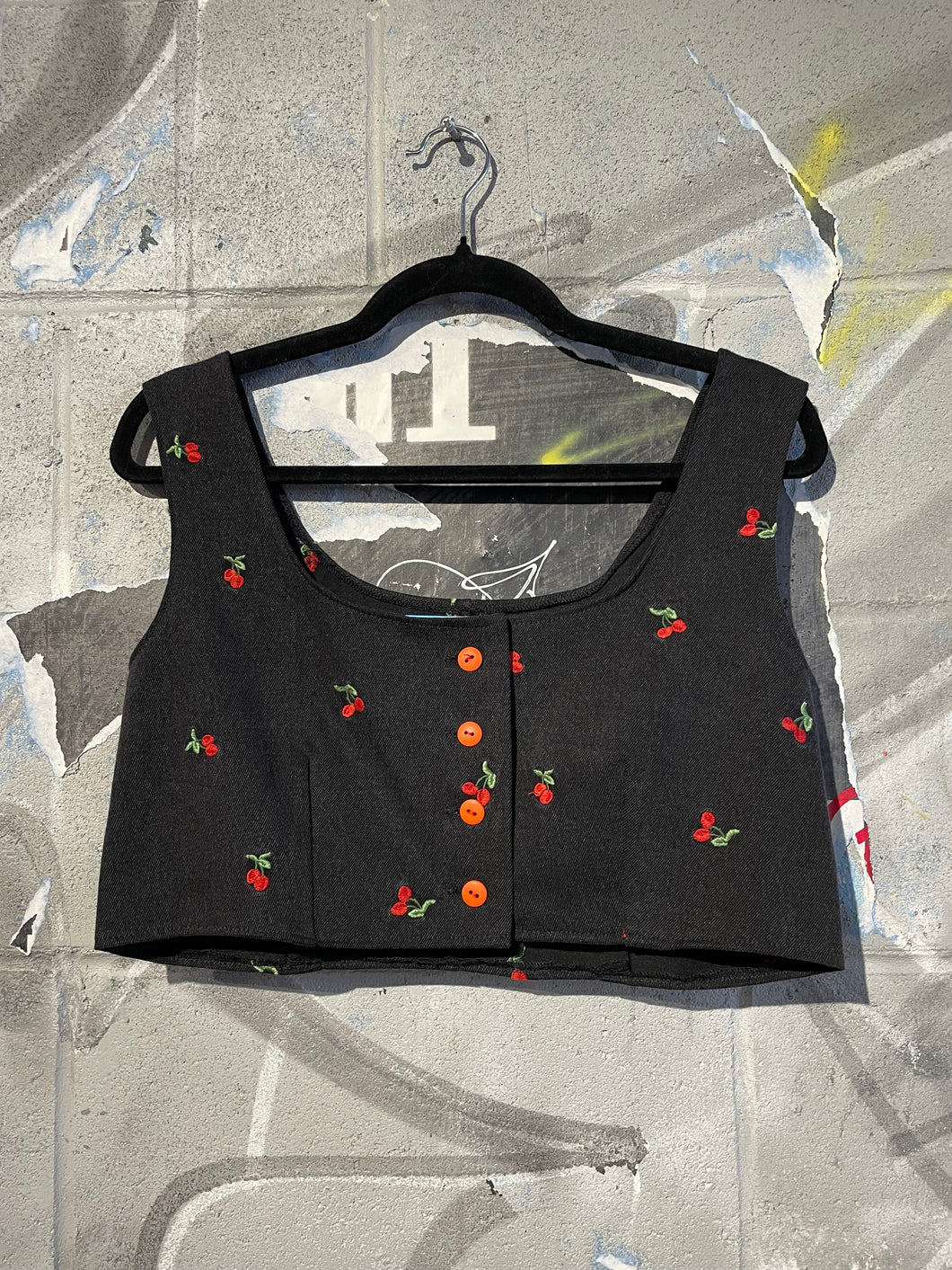 Upcycled Cherry Print Denim Bustier Tank