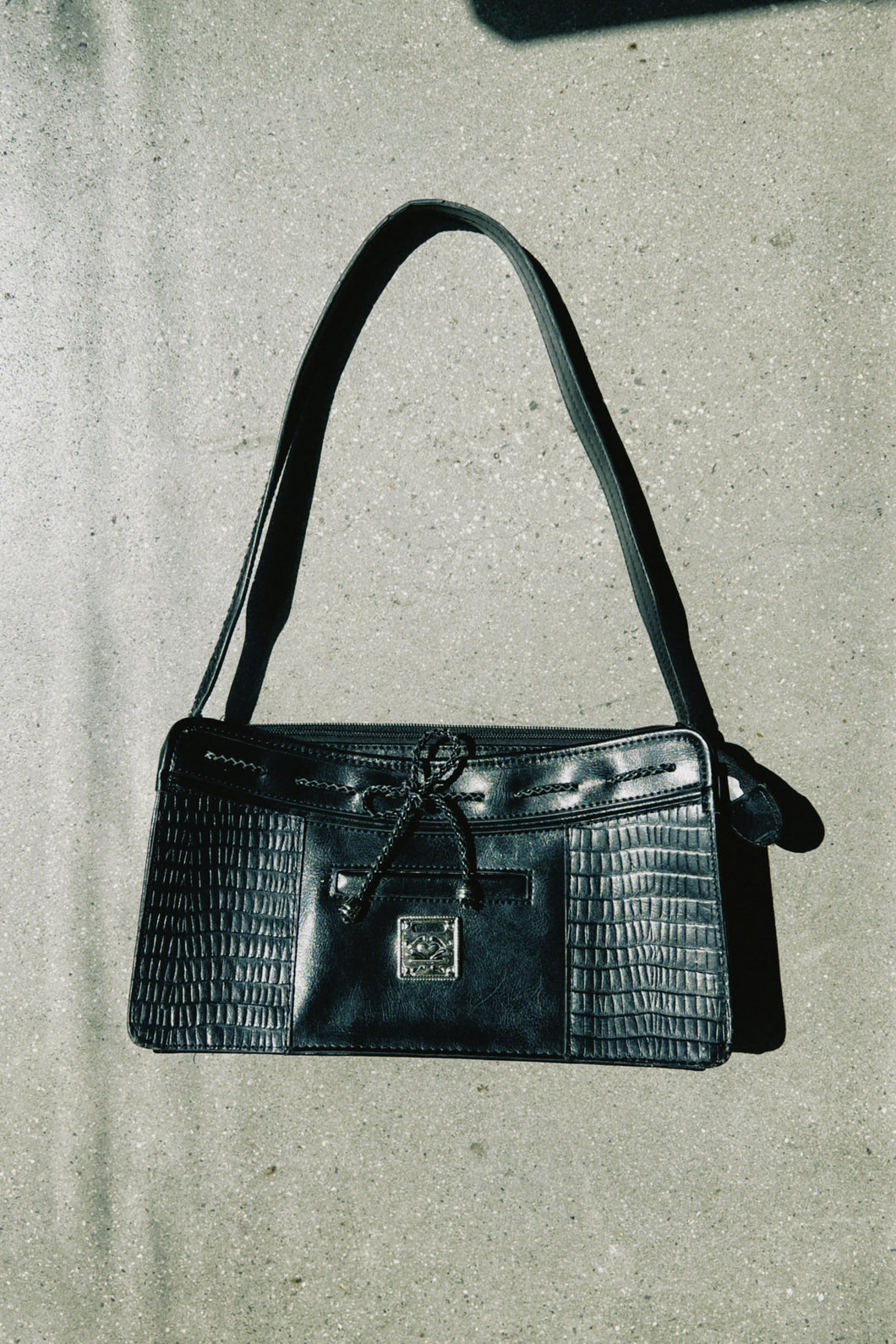 Black Leather Shoulder Bag w/Tie Detail