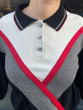 Load image into Gallery viewer, Houndstooth Striped Red/White Polo Sweater
