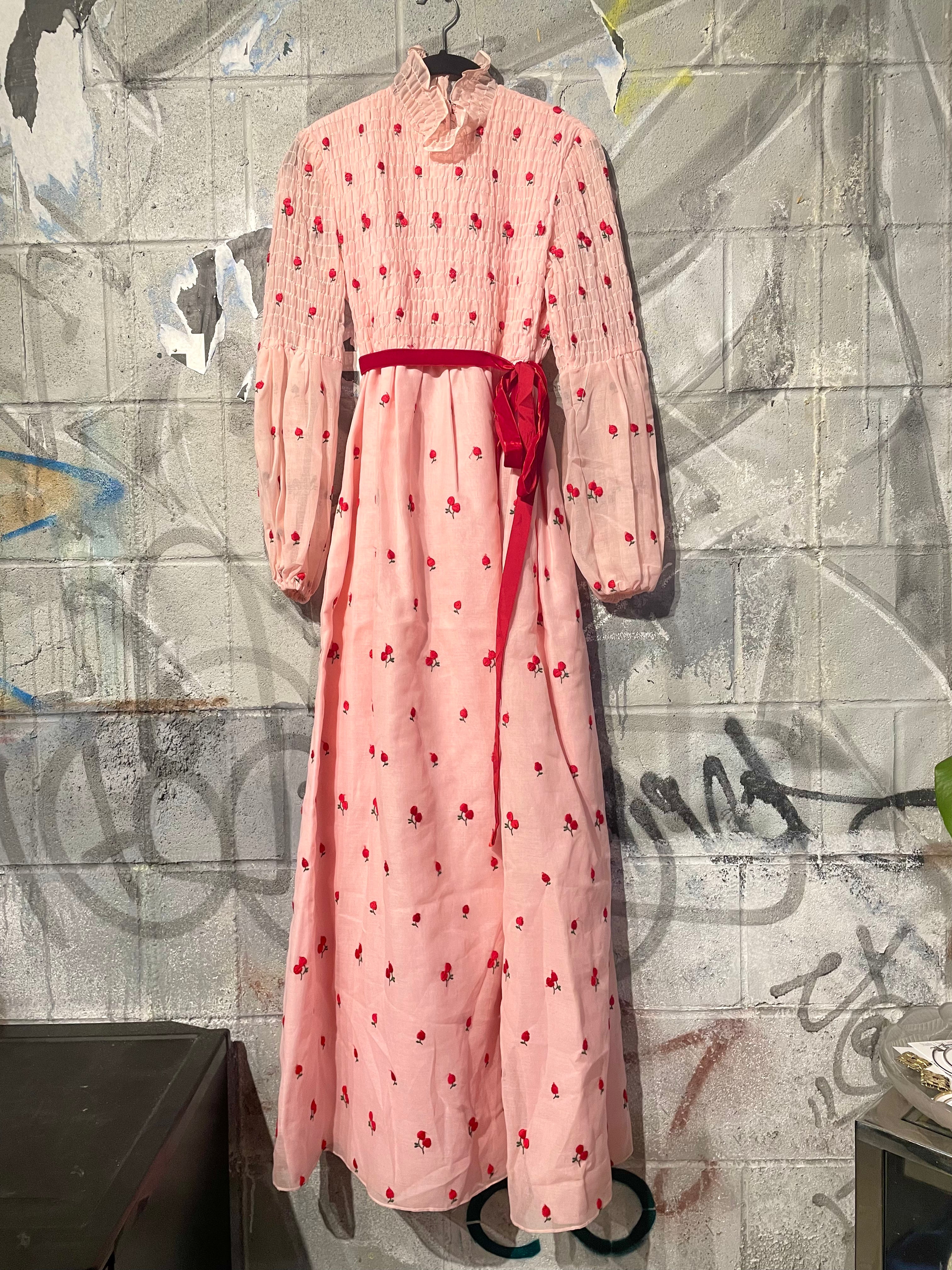 cherry print maxi dress 1960s Cherry Print Smocked Maxi Dress