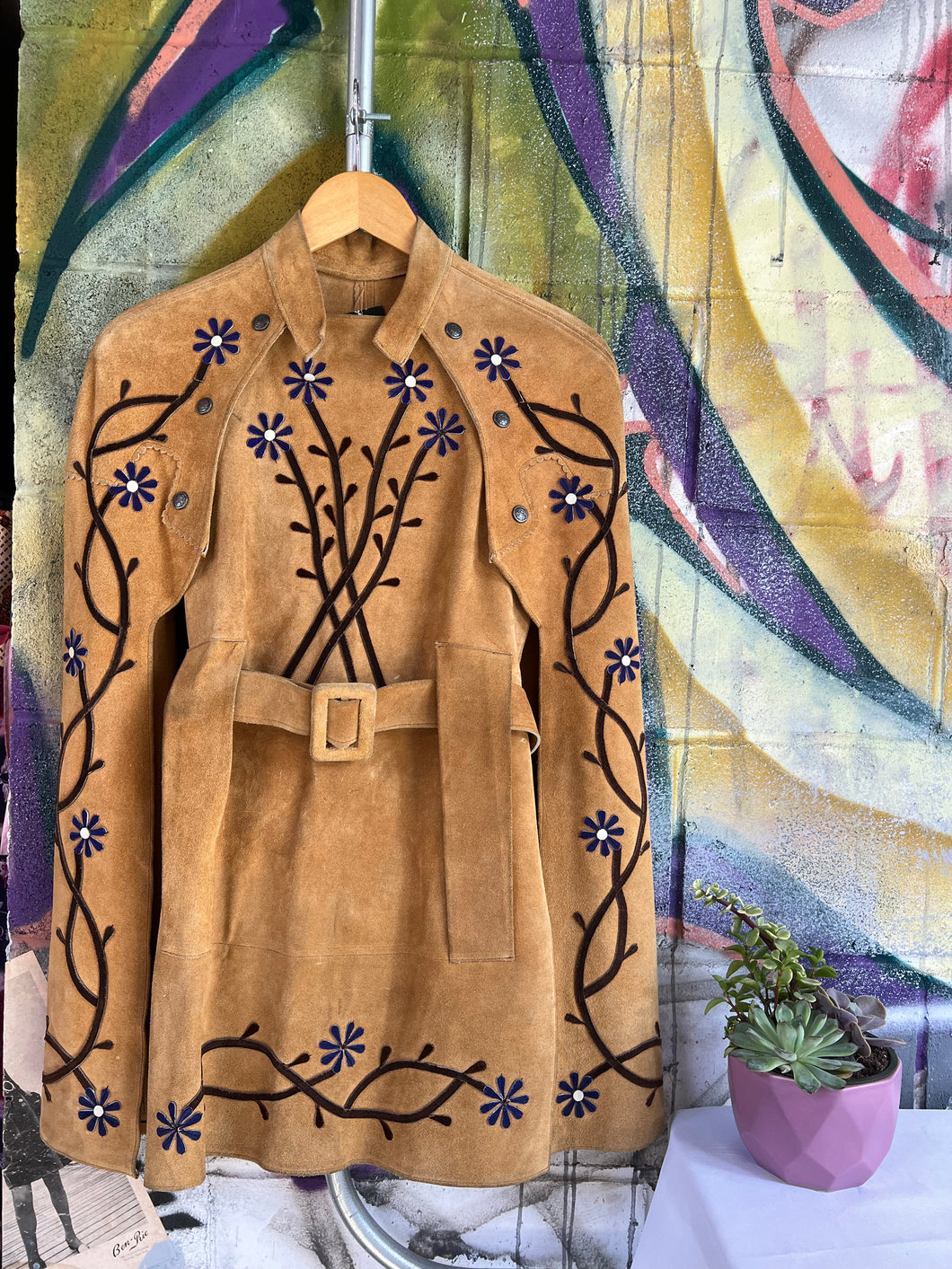 1970s Floral Motif Suede Cape