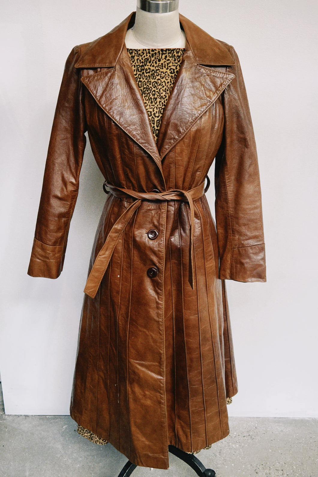 Fitted Long Brown Leather Jacket w/ Belt