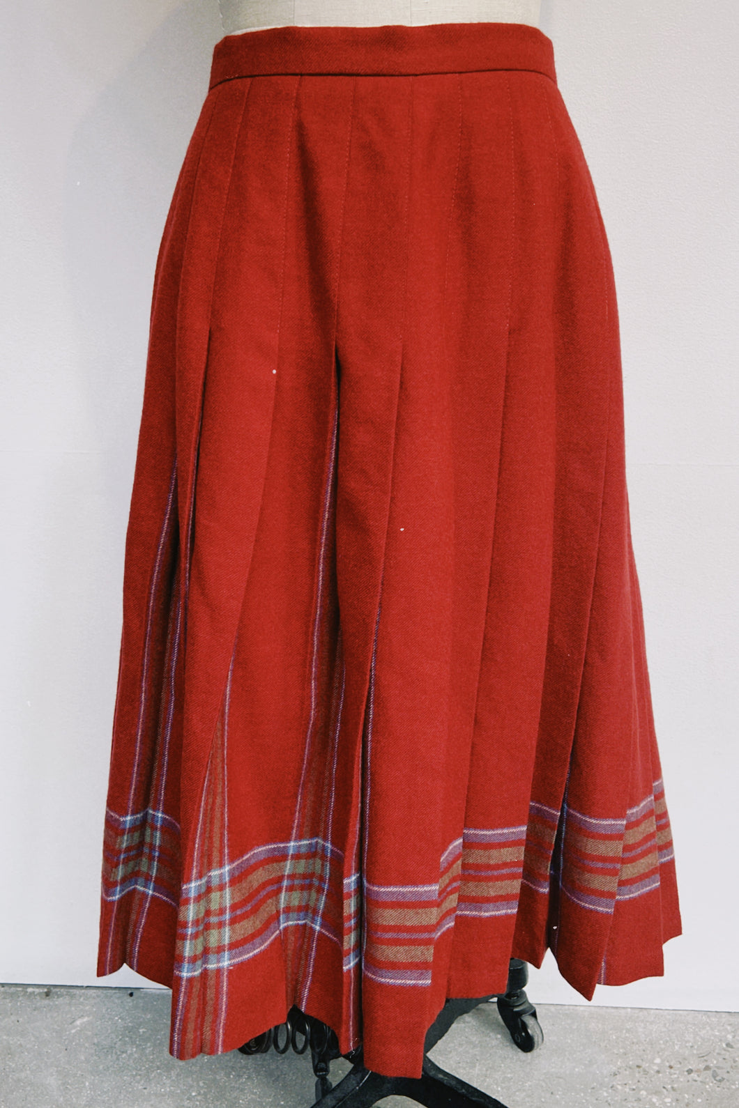 Red Pleated Maxi Skirt w/ Plaid Details